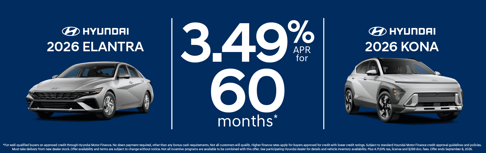 3.49% apr for 60 months on Elantra and Kona