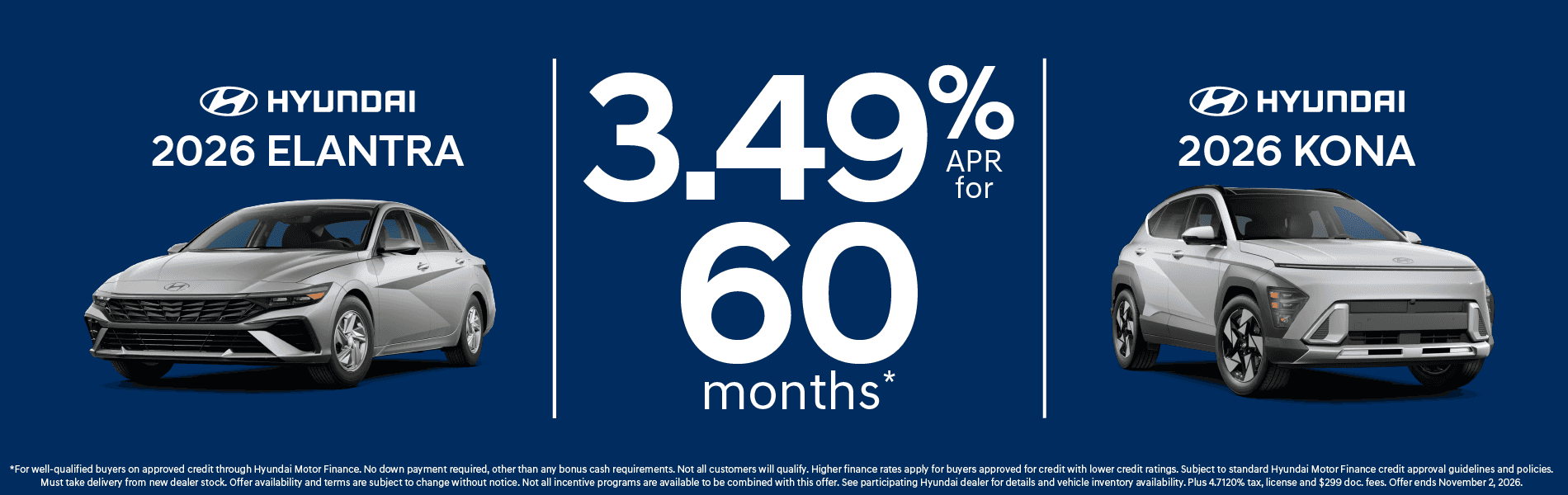 3.49% apr for 60 months on Elantra and Kona