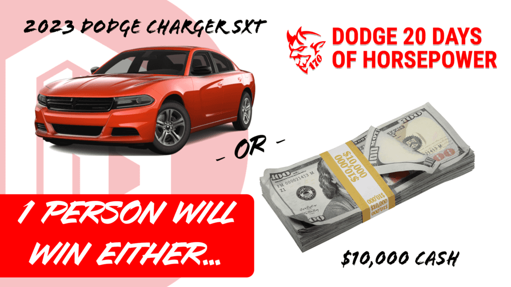 A graphics showing a 2023 Dodge Charger SXT and $10,00