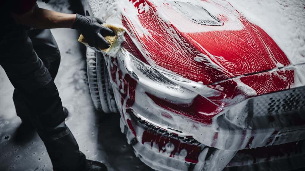 Advertising Style Photo of a Professional Car Wash Specialist Using a Big Soft Sponge to Wash a Beautiful Red Sportscar with Shampoo Before Detailing, Polishing and Waxing