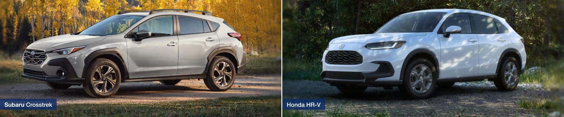 Side-by-side image of a 2026 Subaru Crosstrek among autumn trees and a 2026 Honda HR-V in a wooded setting.