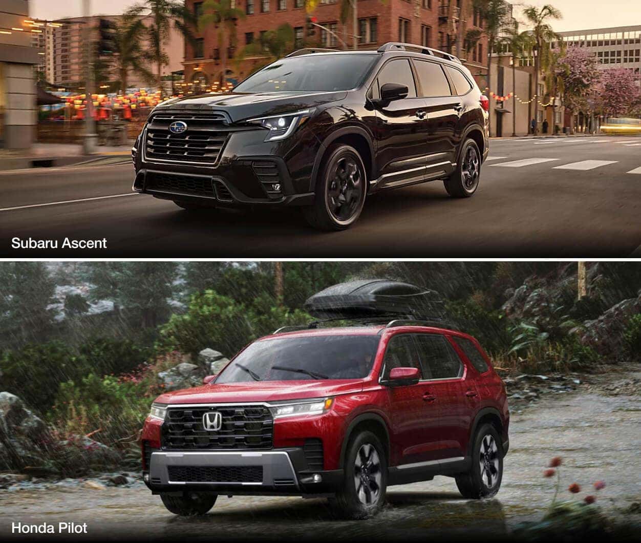 A black Subaru Ascent drives down a city street. A red Honda Pilot drives down a rainy forest road.