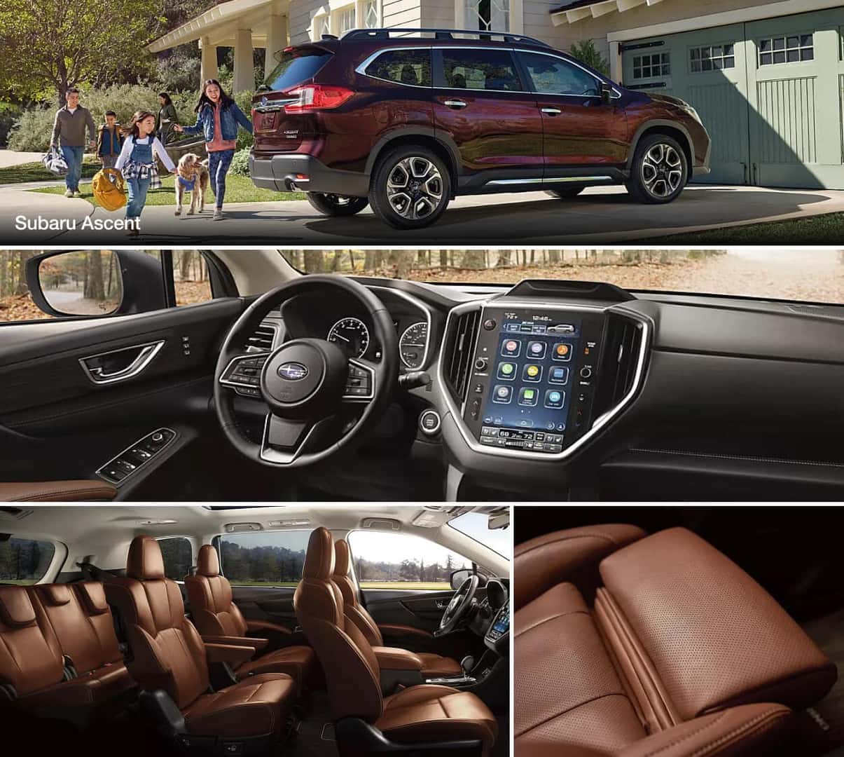 A collage highlighting Subaru Ascent features including an external side view and interior views of the cockpit and leather trim.