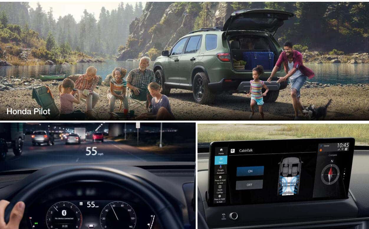 A collage highlighting Honda Pilot features including a rear three-quarter view and interior views of instrument cluster and touchscreen.