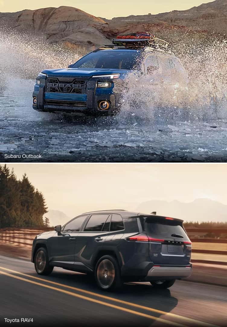 A Blue Subaru Outback splashes through a river. A gray Toyota RAV4 drives down a country highway.