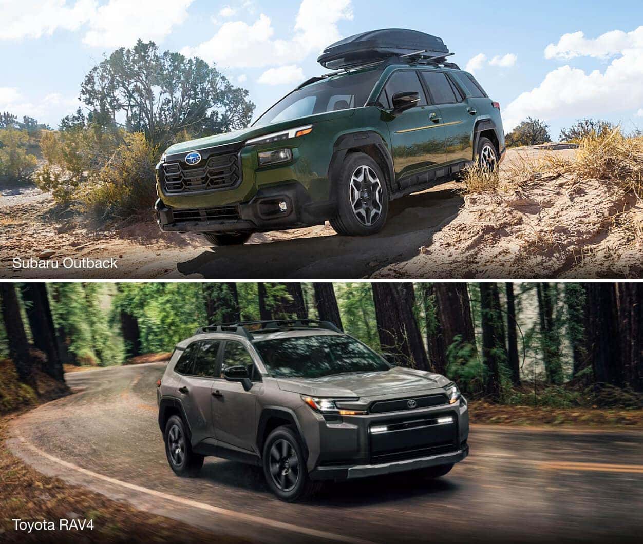 A green Subaru Outback offroads on a rocky trail. A gray Toyota RAV4 corners down a forest road.