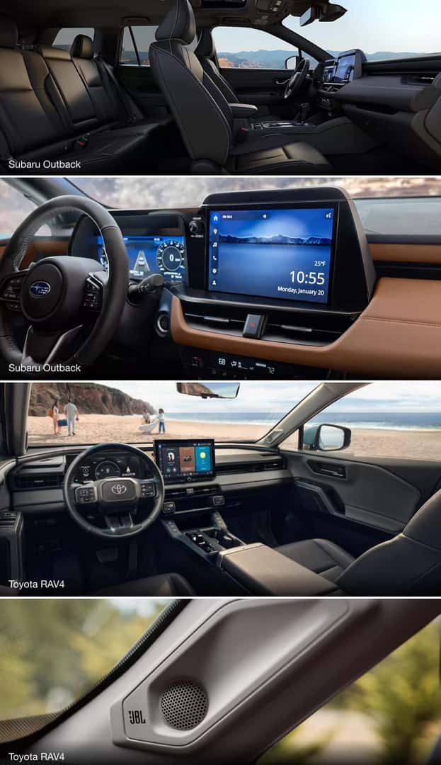 Collage of interior shots of Subaru Outback and Toyota RAV4 featuring seating room, touchscreens and speaker systems.