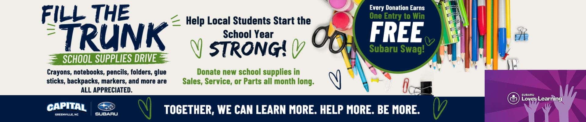 Fill the Trunk School Supplies Drive featuring school supplies, encouraging donations to help local students start the school year strong.