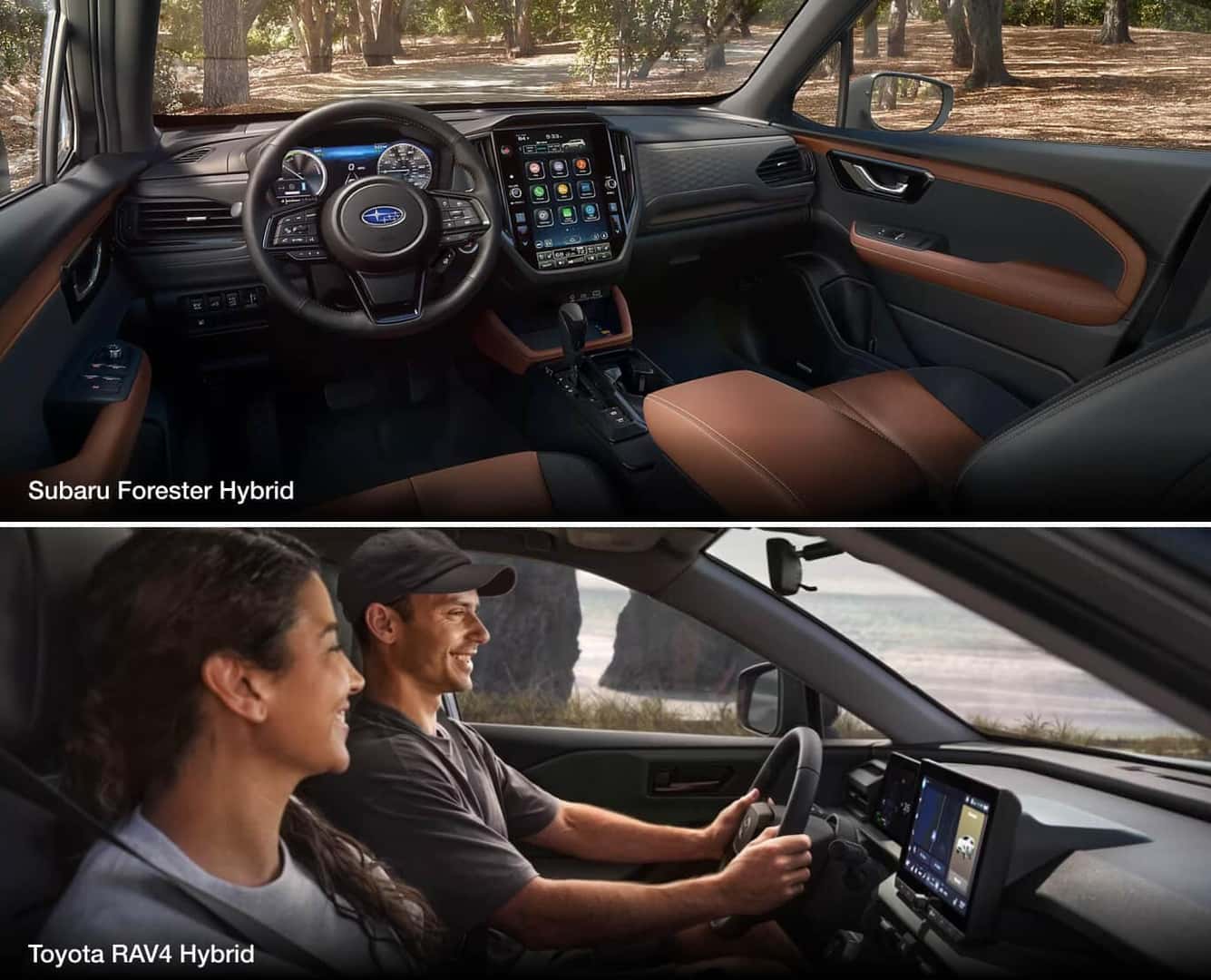 Interior perspective shot of Subaru Forester hybrid cockpit and infotainment system. Interior side view of front row seating in 2026 Toyota RAV4 Hybrid.