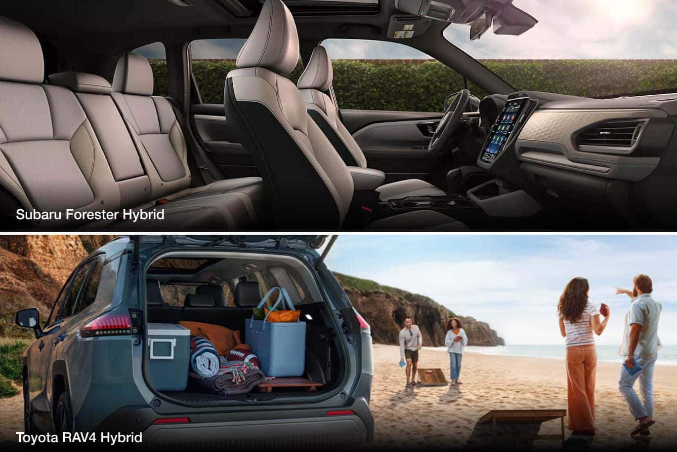 Interior side shot of 2026 Subaru seating and cargo room. Exterior rear iew of a Toyota RAV4 with open tailgate and trunk full of beach gear.