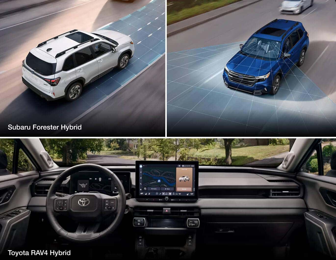 Split image of Subaru Forester Hybrid safety feature illustrations. Interior perspective image of RAV4 cockpit and infotainment system.