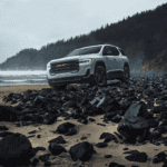 2021 GMC Acadia white on rocky beach