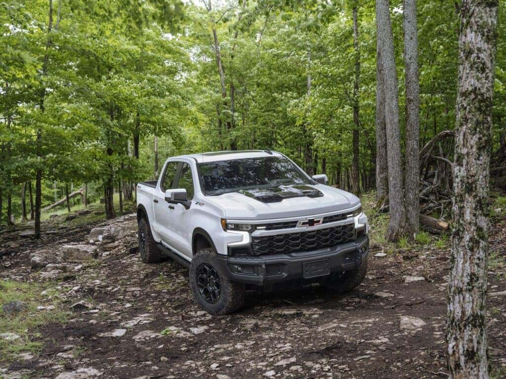 The 2024 Chevrolet Silverado ZR2 Bison on a wooded off-road trail