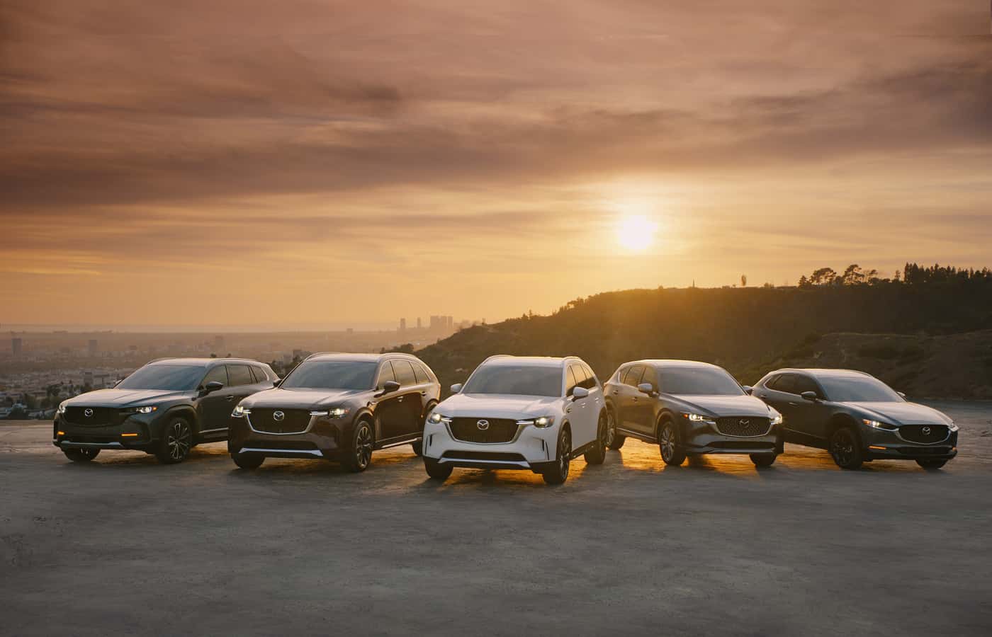 5 Mazda Vehicles parked next to a sunset. 