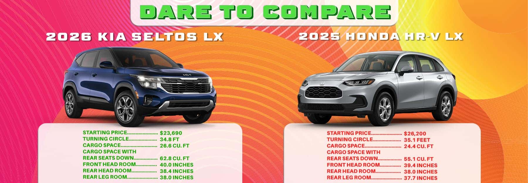 2026 Kia Seltos vs. 2025 Honda HR-V side-by-side comparison