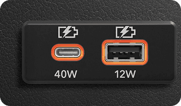 USB-C 40W and USB-A 12W charging ports
