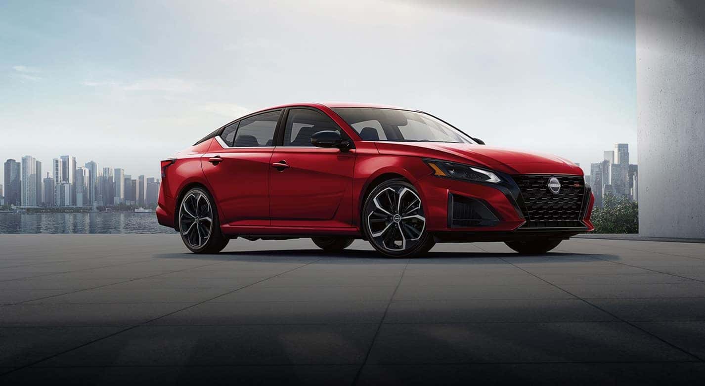 Red Nissan Altima SR sedan available for a test drive at I-90 Nissan near Medina, Ohio.