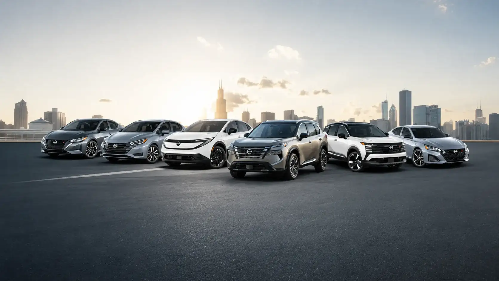 Nissan Certified Pre-Owned SUV with a city skyline in the background, available at I-90 Nissan, 5013 Detroit Rd, Sheffield Village, OH, near Cleveland