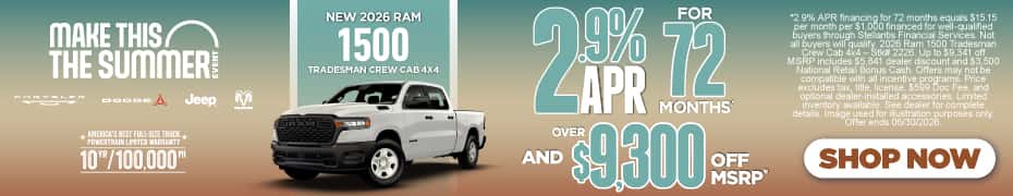 New 2026 Ram 1500 Tradesman Crew Cab 4x4 2.9% APR FOR 72 MONTHS AND OVER $9,300 OFF MSRP*