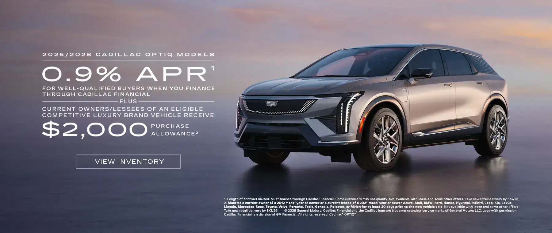 2025 and 2026 Cadillac OPTIQ. 0.9% APR plus $2,000 purchase allowance.