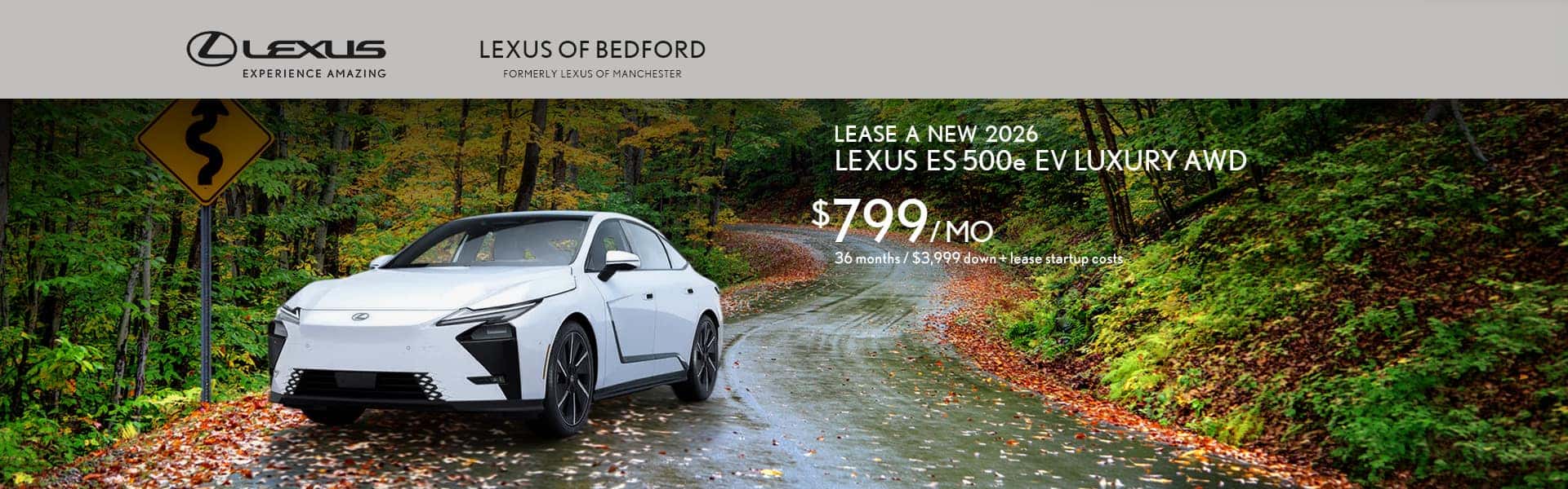 Lease a 2026 Lexus ES 500e EV Luxury AWD for $799 a month for 36 months with $3,999 down plus lease startup costs