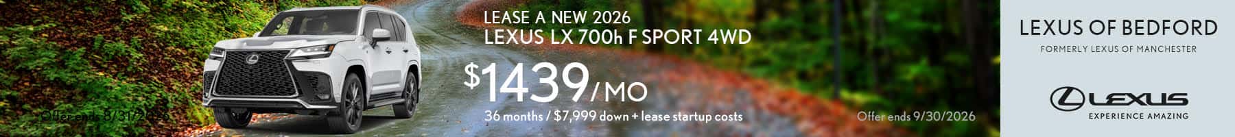 Lease a 2026 Lexus LX 600 F sport 4WD for $1379 for 36 months with $7,999 down plus lease startup costs