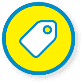 price tag icon outlined in blue with yellow circle in background with blue border