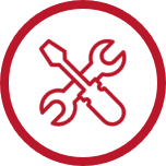 wrench and screw driver icon outlined in blue with yellow circle in background with blue border