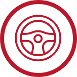 steering wheel icon outlined in blue with yellow circle in background with blue border