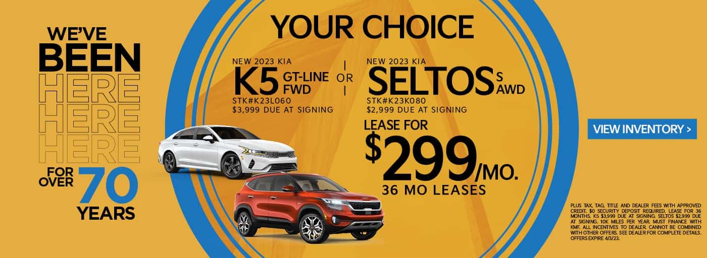 YOUR CHOICE NEW 2023 KIA K5 GT-LINE FWD OR NEW 2023 KIA SELTOS S AWD