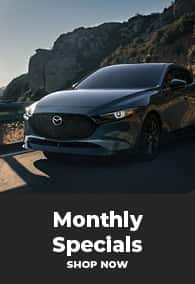 A dark grey car driving on a scenic mountain road, with a black section below containing the text 'Monthly Specials' and a 'SHOP NOW' prompt.