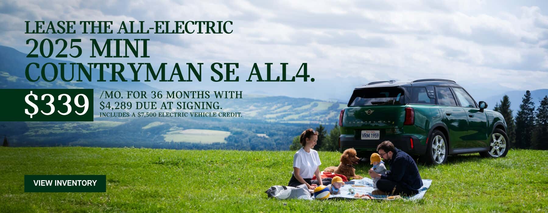 MINI Countryman parked with a family of 4 and their dog on a grassy hill across a valley in the mountains.