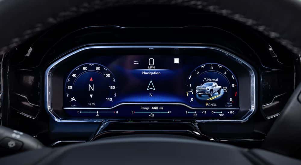 Close-up of the digital instrument cluster in a 2025 Chevy Silverado 2500 for sale.