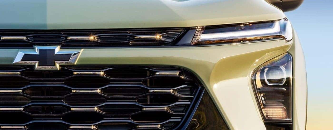 Driver side headlight on a green 2024 Chevy Trax.
