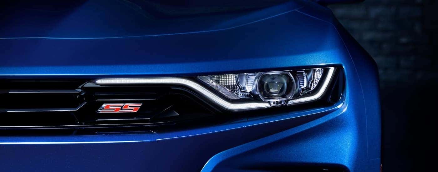 A blue 2023 Chevy Camaro from the front after leaving a dealer that has used Chevy vehicles for sale near Indian Trail.