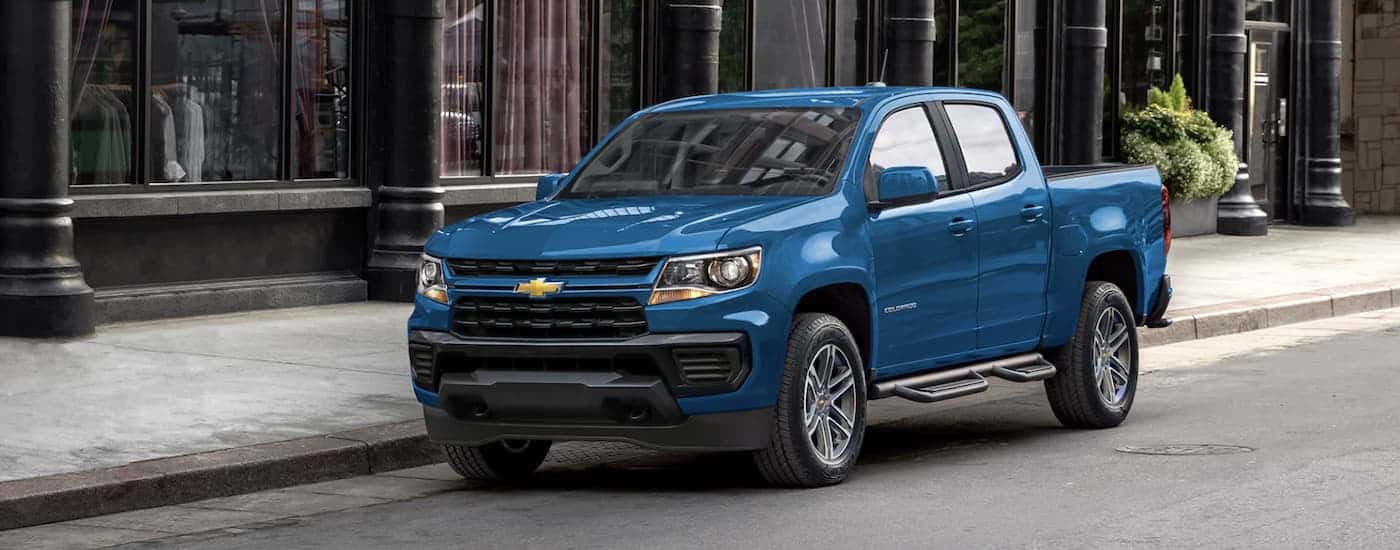A blue used 2022 Chevy Colorado WT for sale near Salisbury parked on a street