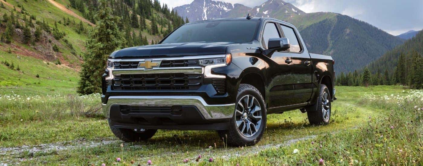 A black 2024 Chevy Silverado 1500 from the front at an angle.
