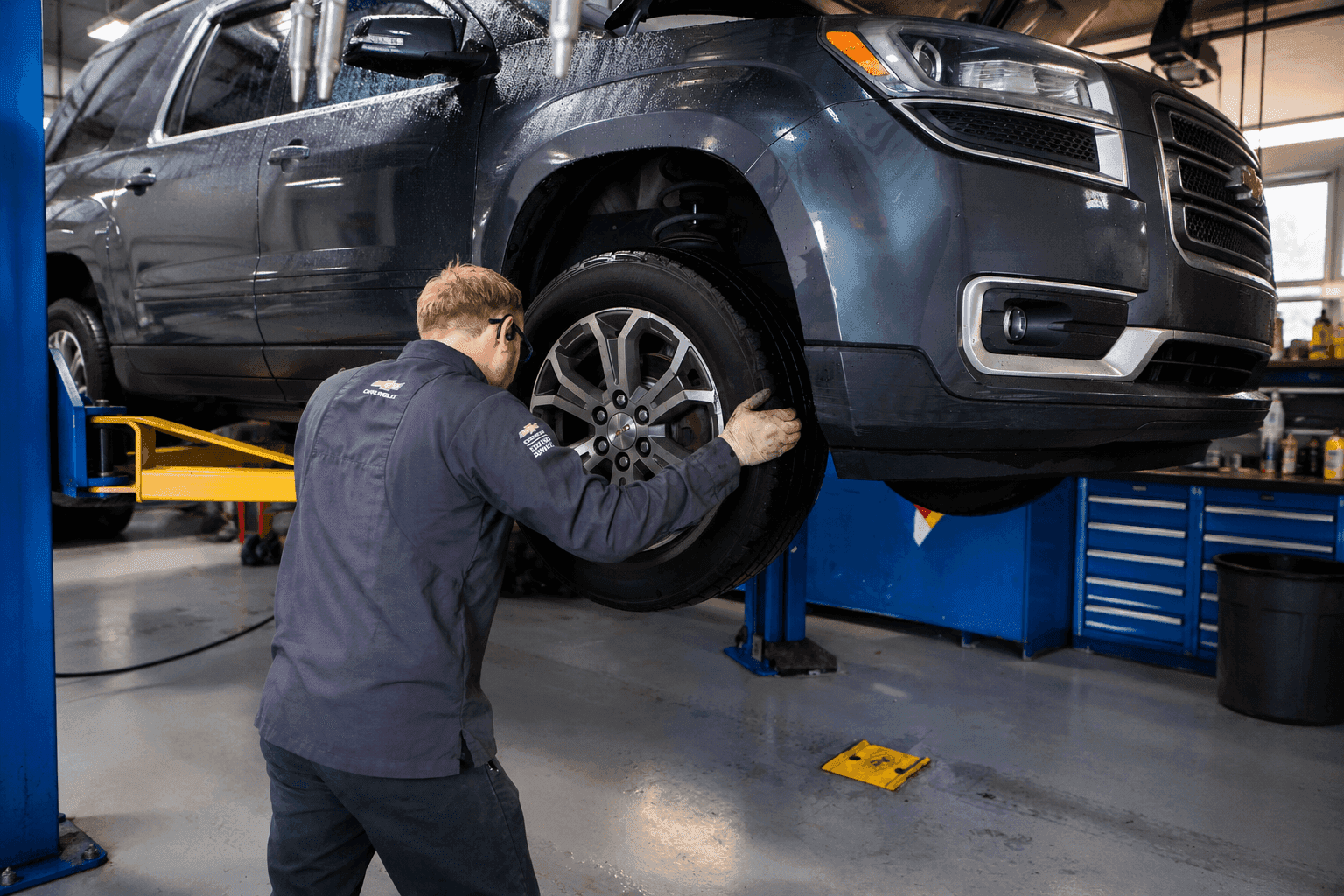 mechanic replacing a wheel on a car