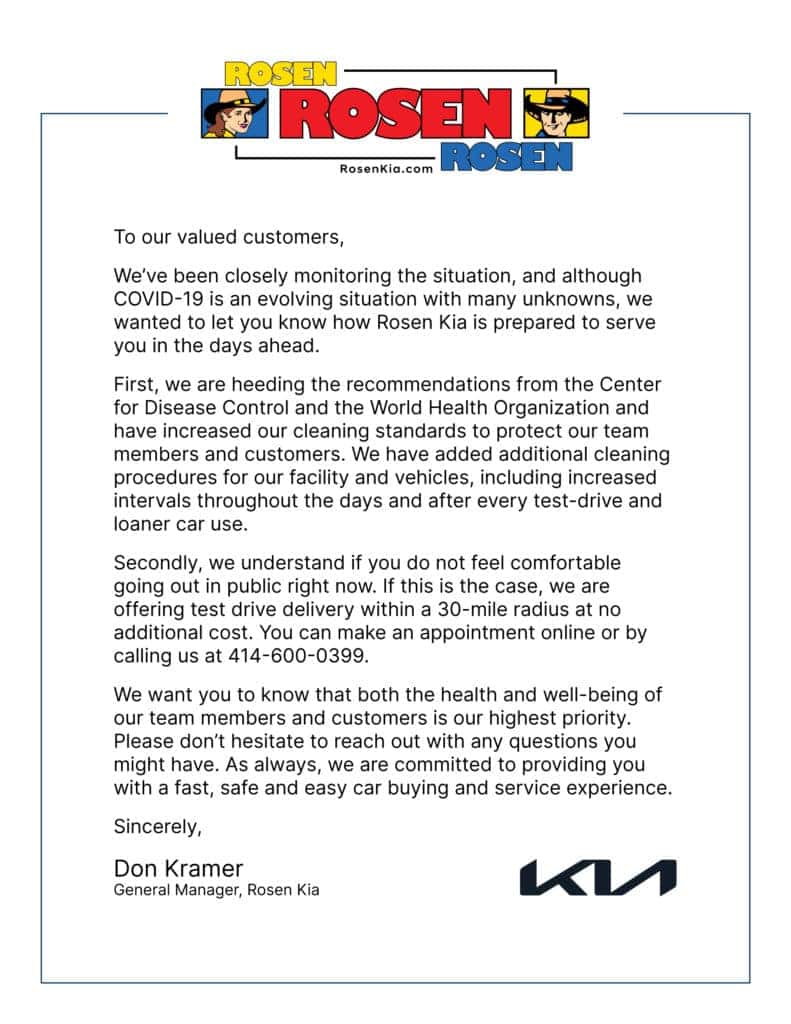 Rosen Kia Milwaukee Response to COVID-19