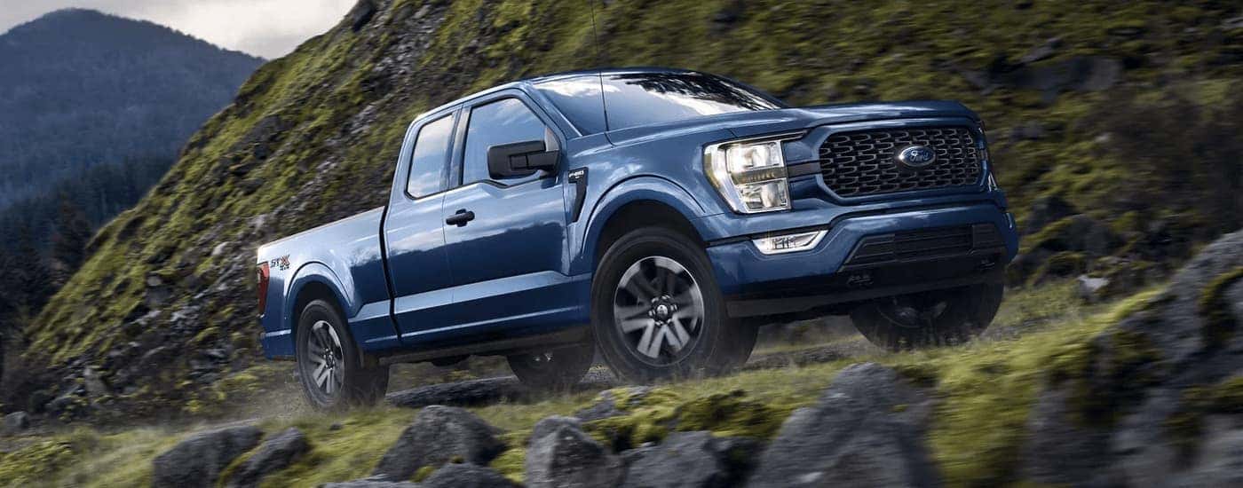 A blue 2023 Ford F-150 STX is shown from the side.