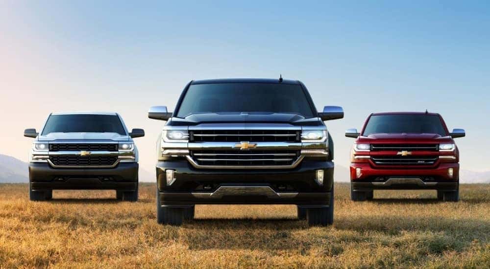 A silver 2016 Chevy Silverado 1500, a black High Country, and a maroon LTZ Z71 are parked on grass.