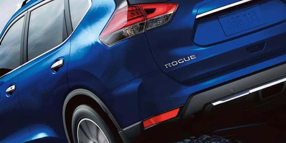 Rear of a blue 2020 Nissan Rogue