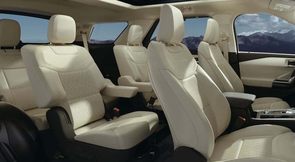 White three row interior of a 2021 Ford Explorer.