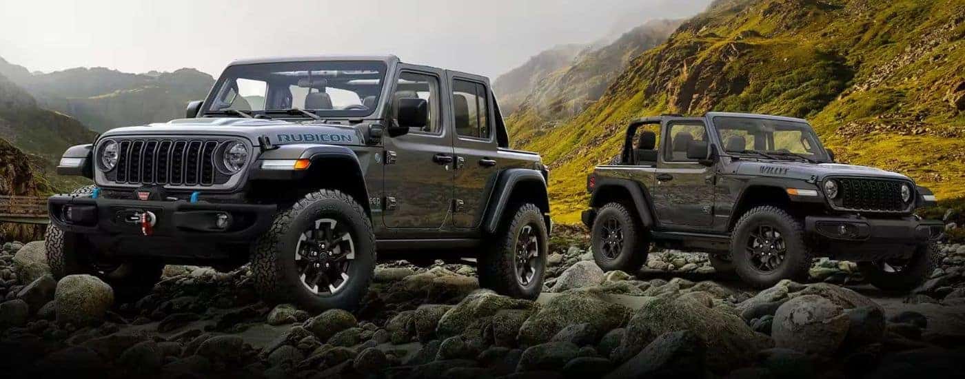 Two Jeep Wranglers, one Willys one 4XE, parked side by side off-road