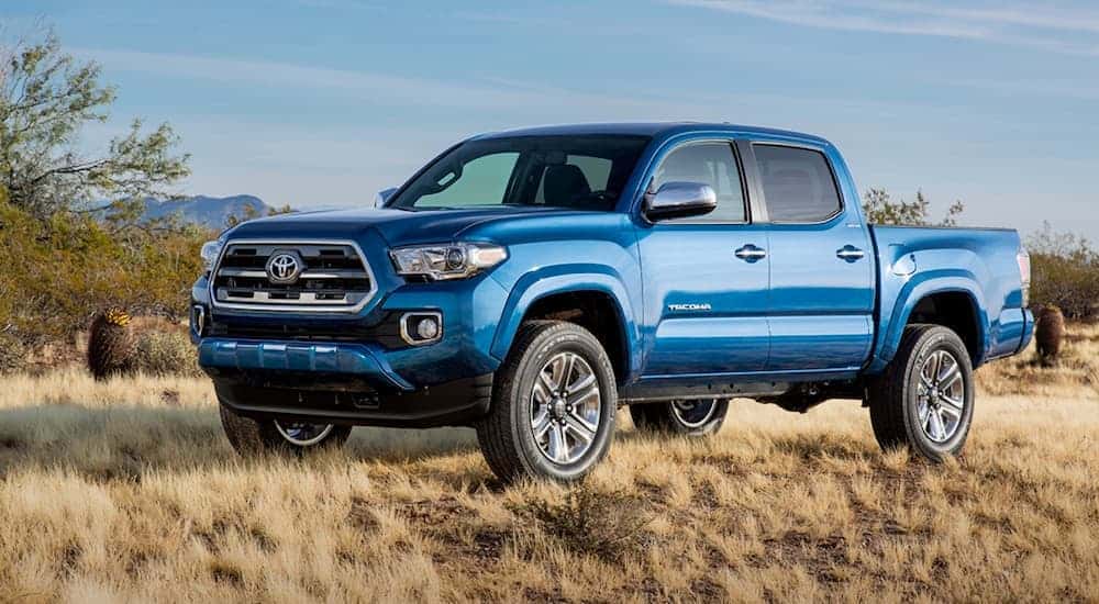 A blue 2016 Toyota Tacoma parked off-road.