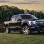 Black 2023 Ford F-150 parked on grass near a pond