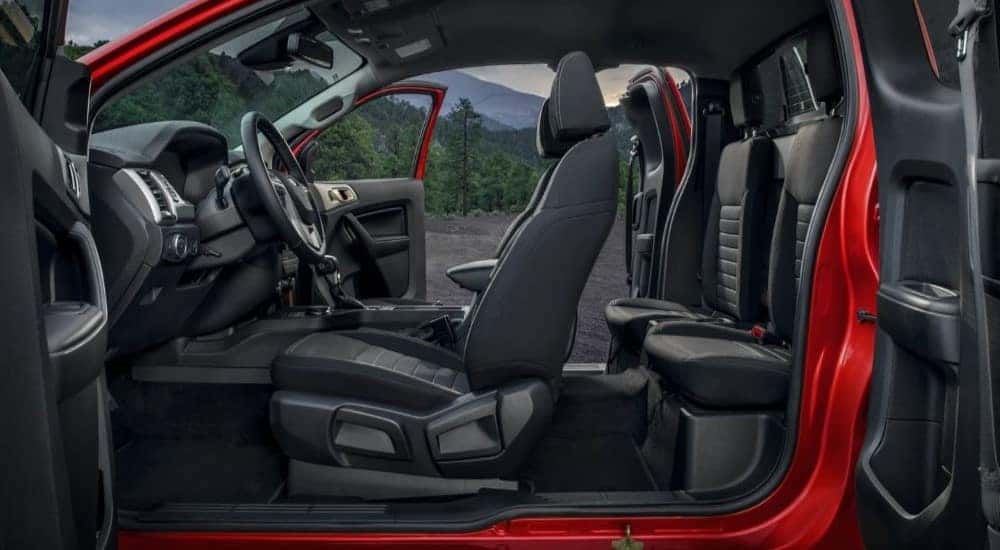 Front and back of the cab in a red 2023 Ford Ranger