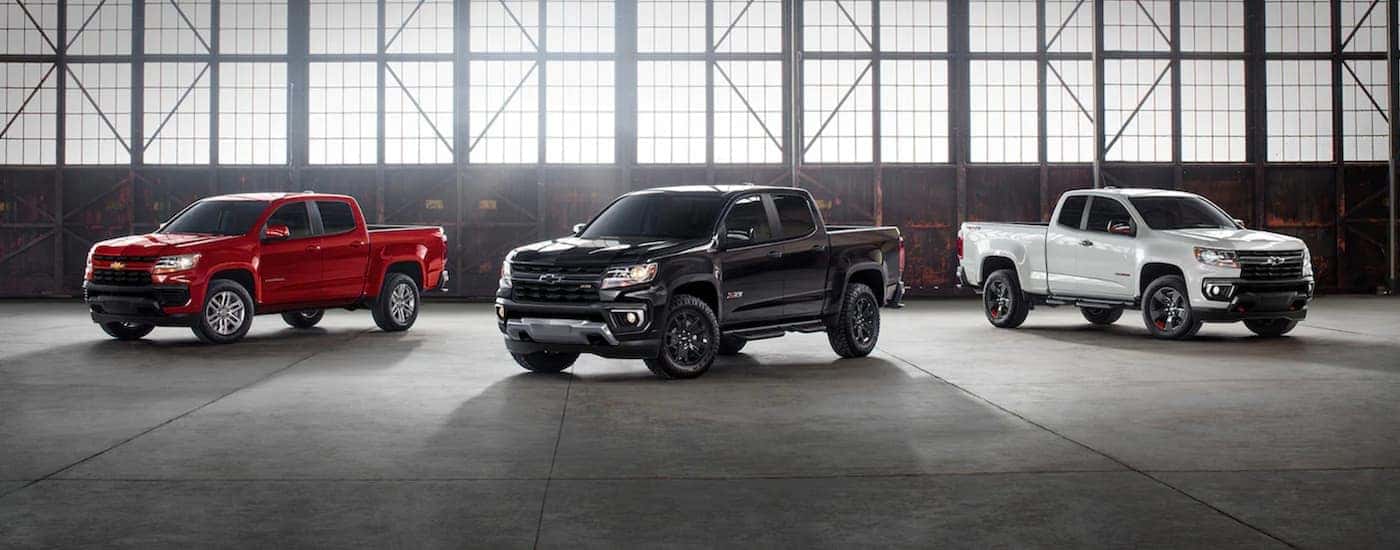 2021 Chevy Colorado lined up in warehouse.