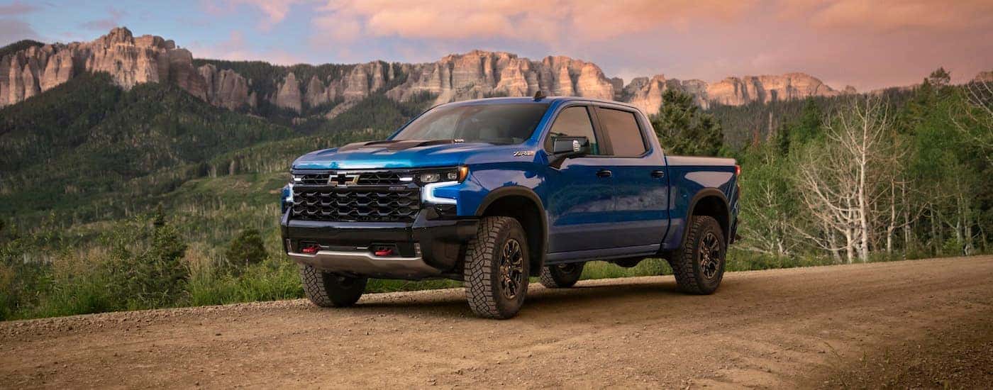 2023Blue Chevy Silverado 1500 ZR2 parked outside.