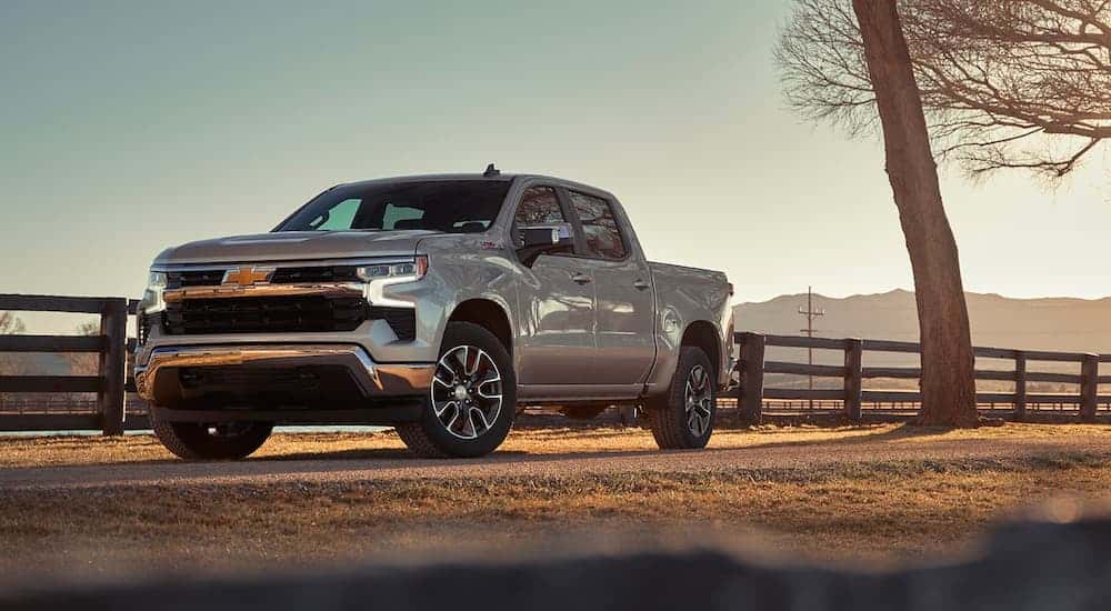 White 2023 Chevy Silverado 1500 Z71 parked near a fence on a farm